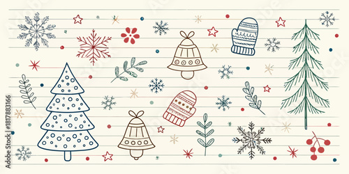 Vector  christmas  illustration of christmas trees, snowflakes, bells, mittens, and berries on lined paper