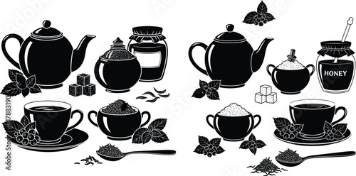 Collection of common tea time items in monochrome silhouette, featuring teapots, mugs, sugar, and honey