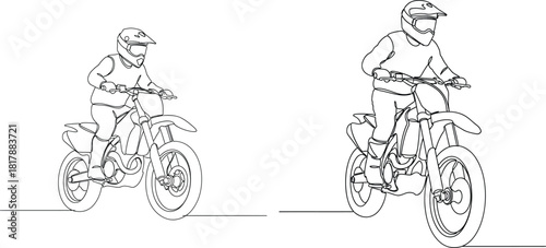 Dynamic outline illustration of an extreme sports motocross racer speeding on a powerful off road motorcycle