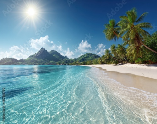 Serene tropical beach with clear turquoise waters and palm trees under a bright.
