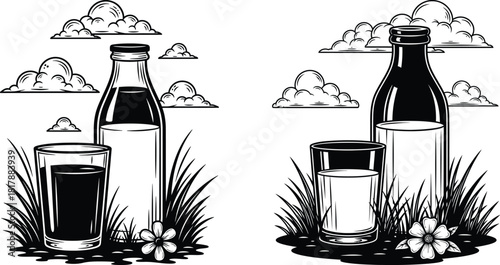 Farm fresh milk bottles and glasses surrounded by grass and fluffy clouds in a charming outdoor setting
