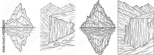 Hand drawn line art illustrations of majestic mountains and floating icebergs with clear water reflections