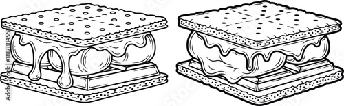 Line art illustration of a delicious smore sandwich with melting marshmallow and chocolate on graham crackers