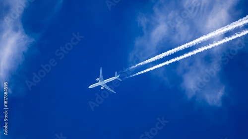 contrails. Airplane ascending into a blue sky, leaving white contrails against a backdrop of soft clouds. mobility guides, transit brochures, designed for transport & logistics marketing.
