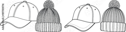 Outline illustrations of casual baseball caps and warm knitted pompom beanies, representing diverse headwear apparel styles