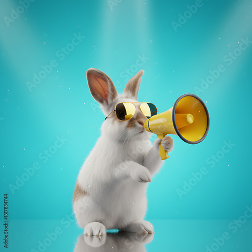 Cool bunny rabbit wears yellow sunglasses, holds bright yellow megaphone. Bunny shouts urgent message makes big announcement on vibrant blue background. Funny animal character for sales promotion,Sale