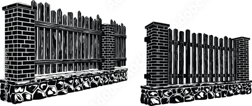 Rustic wooden fence silhouette featuring robust brick pillars and a durable stone foundation structure