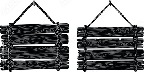 Rustic wooden sign silhouette composed of planks suspended by sturdy ropes with decorative knots