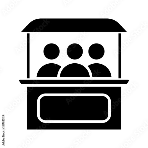 Exhibition Booth with People Icon Black silhouette icon of a booth with three people inside, representing business exhibition, event stand, public service counter, or marketplace kiosk.