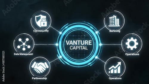 Futuristic digital screen displaying venture capital business concepts