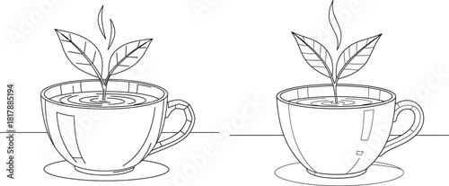 Simple line art illustration of a teacup with fresh tea leaves sprouting and gentle steam rising