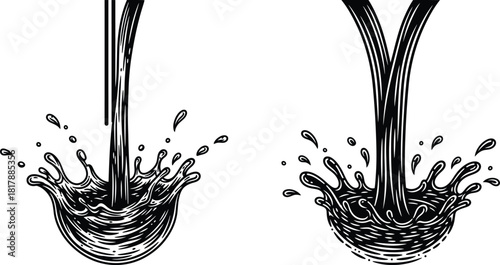 Streams of thick liquid pouring down, creating dynamic splash crowns with detailed ripples effect