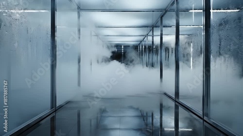 Wallpaper Mural A modern glass corridor with reflective surfaces and misty atmosphere creating a futuristic and mysterious ambiance Torontodigital.ca