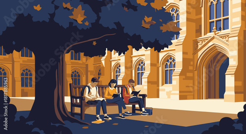 Three diligent students are deeply engrossed in their studies while sitting peacefully on a shaded bench within a historic university courtyard, embodying academic dedication and focus.