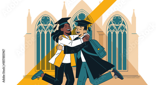 Two diverse graduates joyfully embrace in front of a grand university building, celebrating their academic achievement and bright future together.