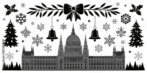 Vector  christmas  illustration of hungarian parliament building with christmas decorations and winter elements