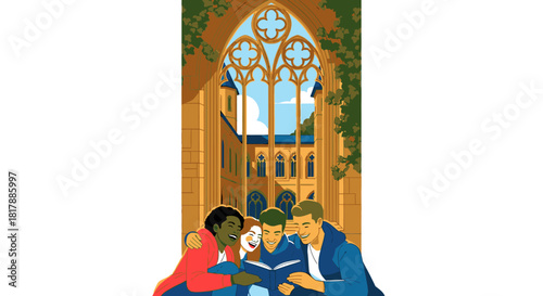 Diverse students collaborate happily on academic work within the historic, ivy-clad grounds of a prestigious university, symbolizing education and teamwork.