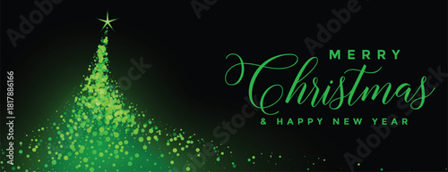 glowing merry christmas tree sparkle banner in green color