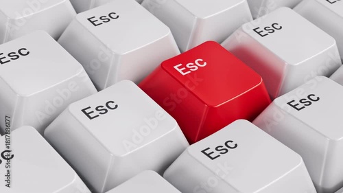 3D Animation of Red ESC or Escape Key Highlighted on White Keyboard – Concept of Freedom and Contrast.