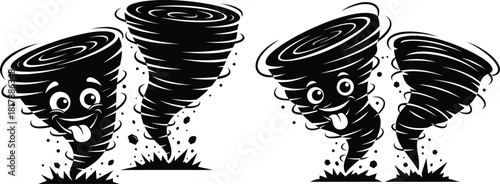 Whimsical cartoon tornado mascots with happy expressions twirling up from the earths surface