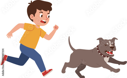 Cartoon illustration of scared boy running away from aggressive dog with spiked collar, dynamic chase action, fear expression, vector design