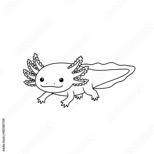 Cute black and white line art drawing of a smiling axolotl with bushy external gills on a white background.