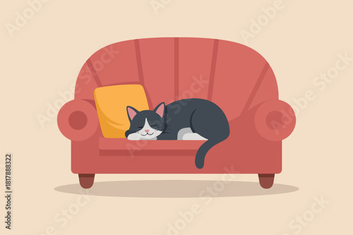 A sleepy black and white cat relaxes on a red sofa with a yellow pillow in a cartoon illustration