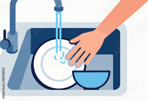 A hand washes a plate in a sink under running water. A bowl sits beside. Simplistic graphic