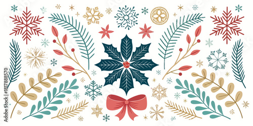 Vector  christmas  festive christmas pattern with snowflakes, poinsettia, branches and a pink bow design