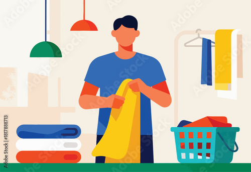 Stylized illustration of a person folding laundry. A stack of folded towels, clothes basket, and drying rack