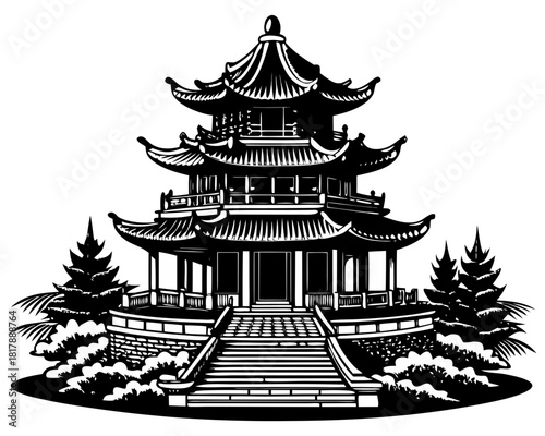 Traditional Chinese Pagoda Temple Silhouette with Garden Landscape Vector
