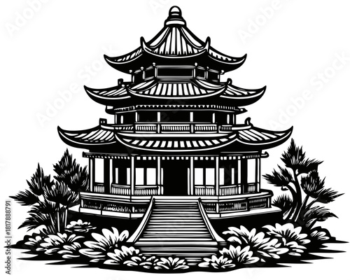 Traditional Chinese Pagoda Temple Silhouette with Garden Landscape Vector