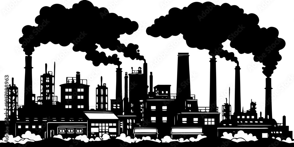 Fototapeta premium Industrial Factory Complex Silhouette with Smoking Chimneys: Pollution Vector