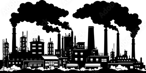 Industrial Factory Complex Silhouette with Smoking Chimneys: Pollution Vector