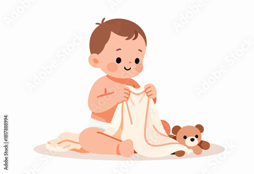 A cheerful cartoon baby sits, holding a blanket, with a teddy bear nearby. Soft colors, simple style, clean background