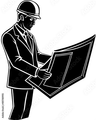 Engineer or Architect in Hard Hat Reviewing Blueprints: Construction Worker Vector