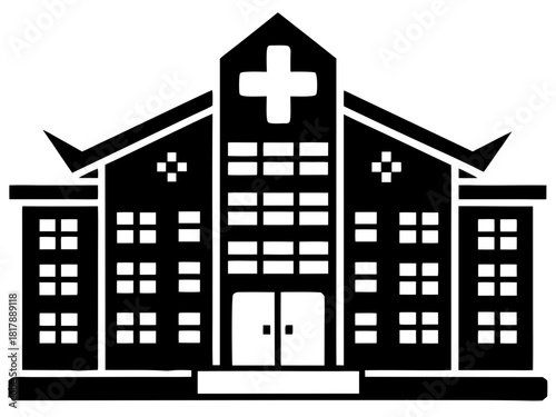 Modern Hospital Building Silhouette with Cross Symbol: Healthcare Facility Vector Icon