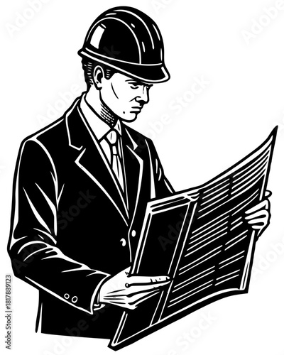 Engineer or Architect in Hard Hat Reviewing Blueprints: Construction Worker Vector