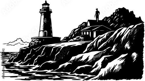 Lighthouse and Person on Rocky Shore Cliff: Coastal Solitude Vector Silhouette