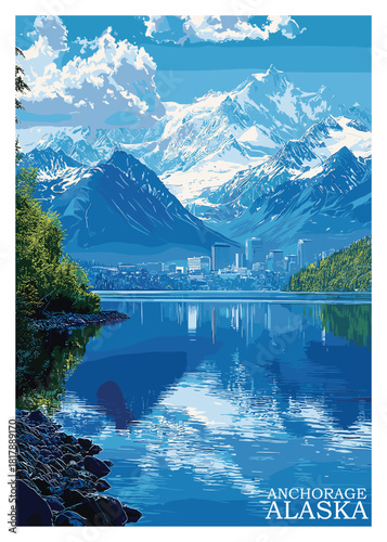 Anchorage Alaska travel poster vector illustration showcasing the city skyline reflected in water with massive snow-capped mountains and evergreen forests background.