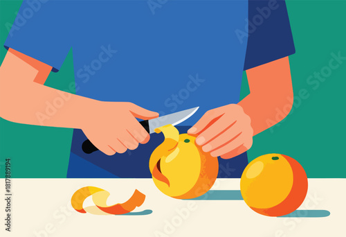 Illustration depicts a person peeling an orange with a knife. Peelings, another whole fruit, and hands are visible