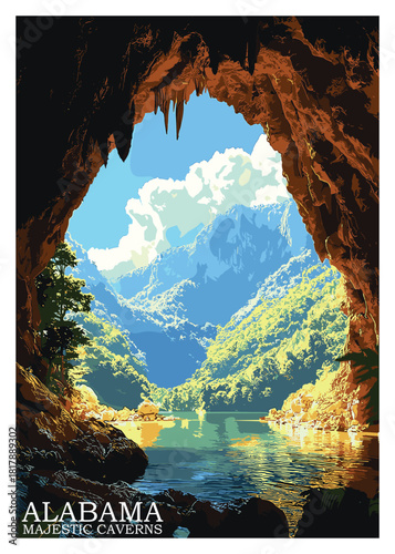 Alabama Majestic Caverns travel poster vector illustration showing a dramatic view from a dark cave entrance overlooking a sunlit green valley and mountain lake.