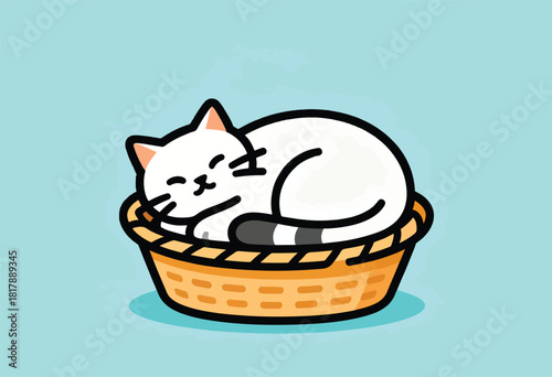 Cartoon image of a sleeping white cat in a woven basket on a teal background