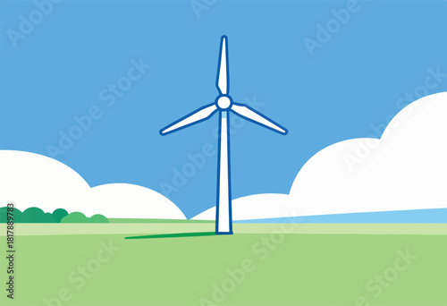 Cartoon illustration depicts a wind turbine on a green field under a blue sky with clouds