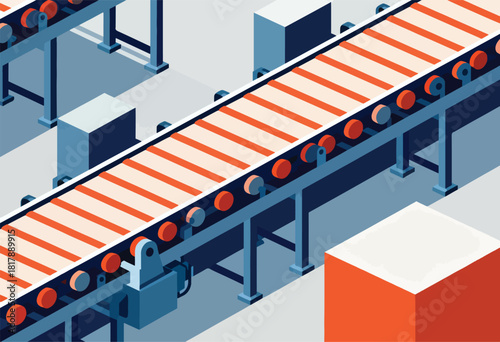 An isometric illustration showcasing an industrial conveyor system in blue and orange hues. Abstract, geometric style