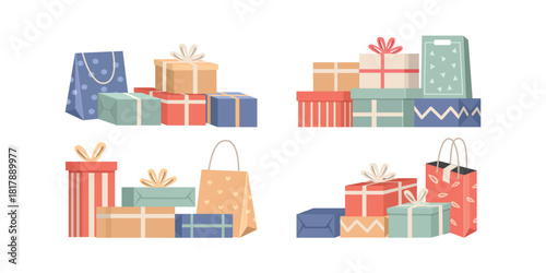 Collection of Colorful Gift Boxes and Shopping Bags. Gift Box Illustration. Classic Christmas Wrapped Gift. 