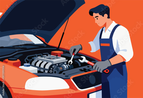 A mechanic, wearing gloves and overalls, works on a car engine with wrenches. The hood is open