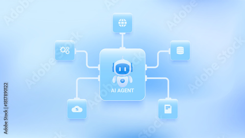 AI workflow automation artificial intelligence. ai agent network diagram flow process technology connecting cloud, data, document and automation system.