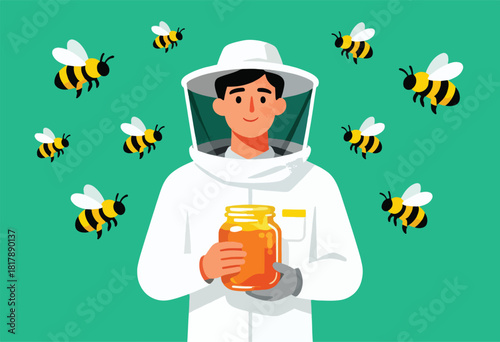 A beekeeper in protective gear holds a jar of honey surrounded by flying bees on a green background