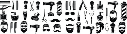 Assortment of barbershop tools and male grooming items including razors, combs, scissors, and hair dryers